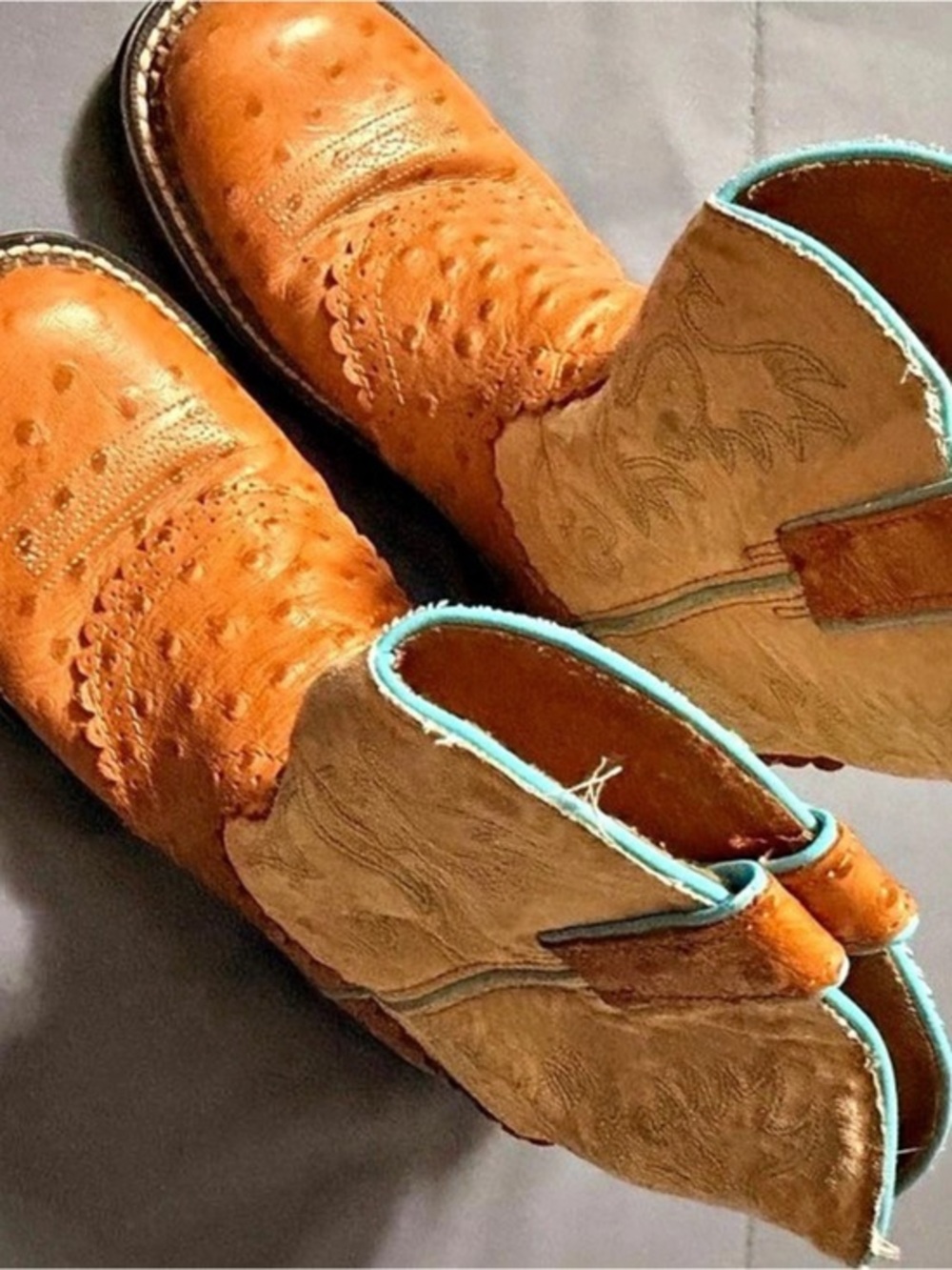 Ariat Fatbaby Ostrich Print Western Boots Mules Orange & Brown